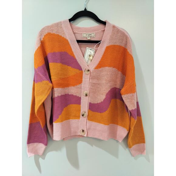 No Comment Sweaters - No Comment NYLA Cardigan Sweater L Pink Orange Colorblock Cropped NWT